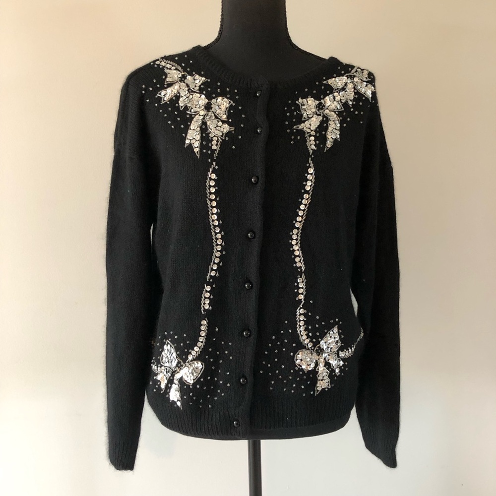 Women’s Vintage Black Silk blend Embellished Sequins Bow Cardigan Sweater size M
